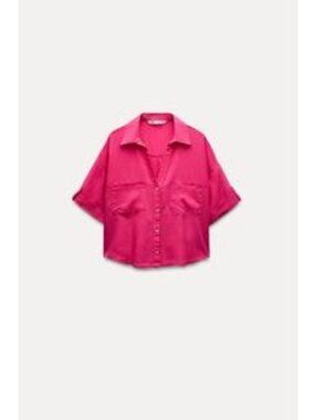 Zara Magenta Linen Blend Button-Up Top
